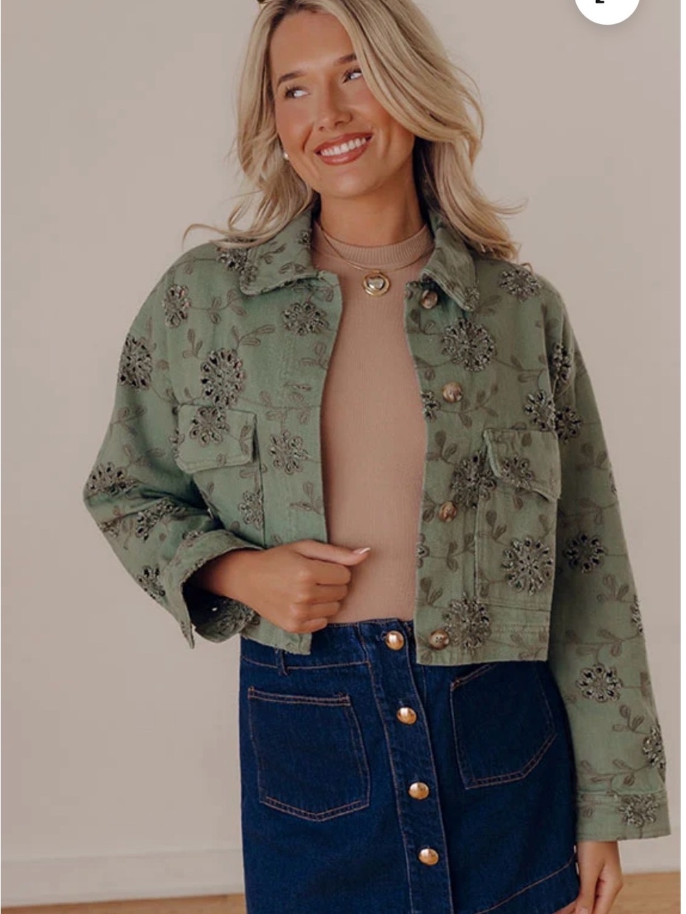 NWT Altar'd State Renesme Denim Eyelet Jacket in olive green Small